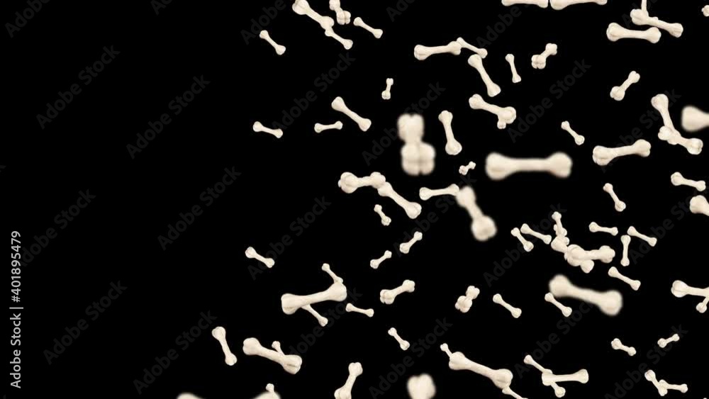 Flying many bones on black background. Dog bone icon. Pet food. 3D animation of bones rotating. Loop animation. Flying many bones on black background. Dog bone icon. Pet food. 3D animation of bones rotating. Loop animation.