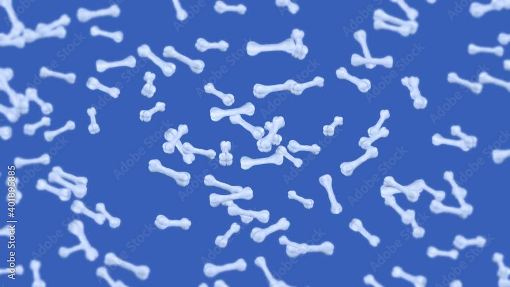 Flying many bones on blue background. Dog bone icon. Pet food. 3D animation of bones rotating. Loop animation. Flying many bones on blue background. Dog bone icon. Pet food. 3D animation of bones rotating. Loop animation.