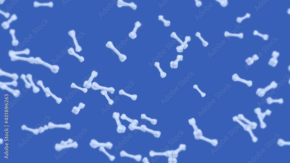 Flying many bones on blue background. Dog bone icon. Pet food. 3D animation of bones rotating. Loop animation. Flying many bones on blue background. Dog bone icon. Pet food. 3D animation of bones rotating. Loop animation.