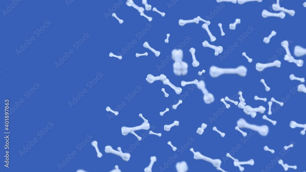 Flying many bones on blue background. Dog bone icon. Pet food. 3D animation of bones rotating. Loop animation. Flying many bones on blue background. Dog bone icon. Pet food. 3D animation of bones rotating. Loop animation.