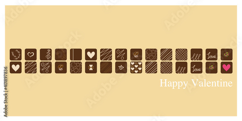 Valentine concept. Decorative Chocolate icons illustration for banner, web, background, frame design. Valentine graphic. Vector illustration. チョコレートイラスト、バレンタインデザイン素材、バレンタインチョコレートイラスト