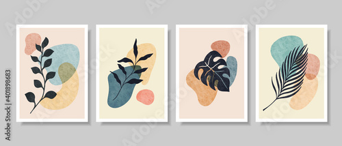 set of Abstract Botanical Wall Art, Abstract Leaves, boho branch botanical art for wall decoration, postcard or brochure design. Vector illustration. © Kebon doodle