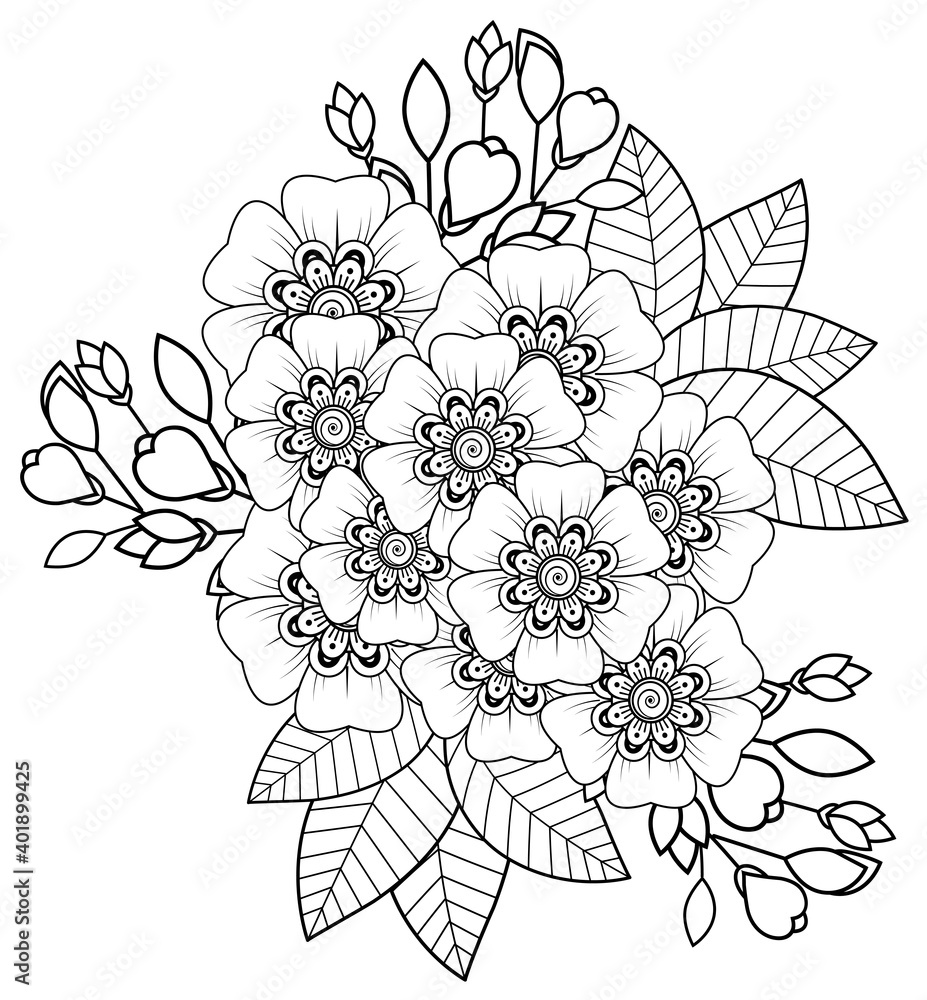 Fototapeta premium Mehndi flower decoration in ethnic oriental, indian style. doodle ornament. outline hand draw illustration. coloring book page.