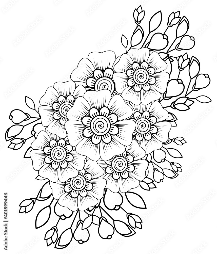 Mehndi flower decoration in ethnic oriental, indian style. doodle ornament. outline hand draw illustration. coloring book page. Mehndi flower decoration in ethnic oriental, indian style. doodle ornament. outline hand draw illustration. coloring book page.
