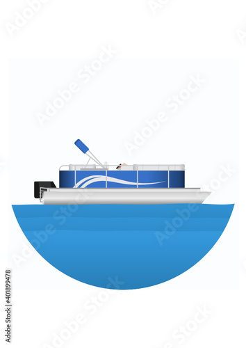 Editable Side View Pontoon Boat on Wavy Blue Water Vector Illustration in Circle Frame for Artwork Element of Transportation or Recreation Related Design