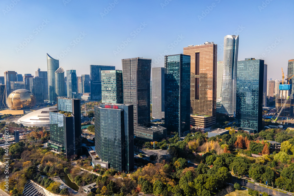 Obraz premium Aerial photography of the skyline of modern urban architectural landscape in Hangzhou, China..