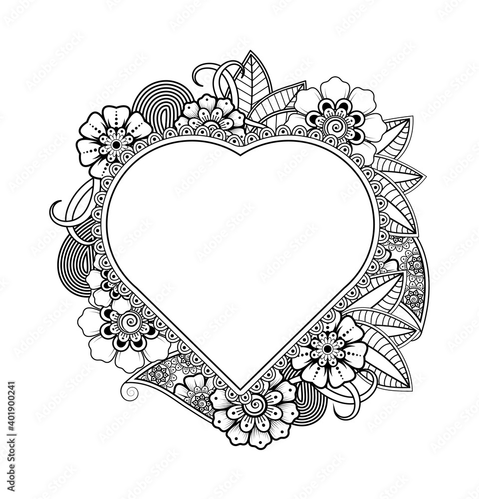 Mehndi flower pattern in form of heart for henna, mehndi, tattoo, decoration. decorative ornament in ethnic oriental style. coloring book page. Mehndi flower pattern in form of heart for henna, mehndi, tattoo, decoration. decorative ornament in ethnic oriental style. coloring book page.