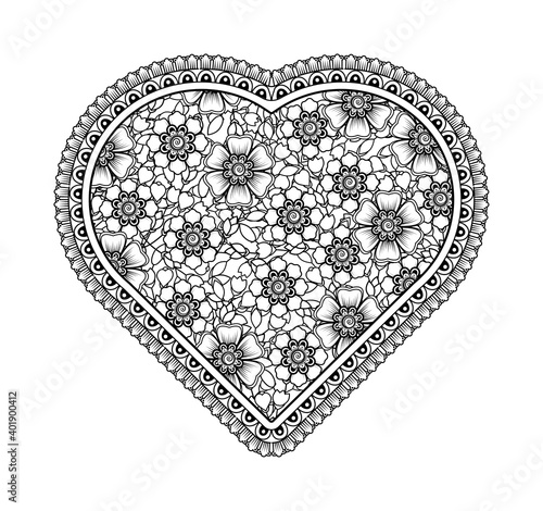 Mehndi flower pattern in form of heart for henna, mehndi, tattoo, decoration. decorative ornament in ethnic oriental style. coloring book page.