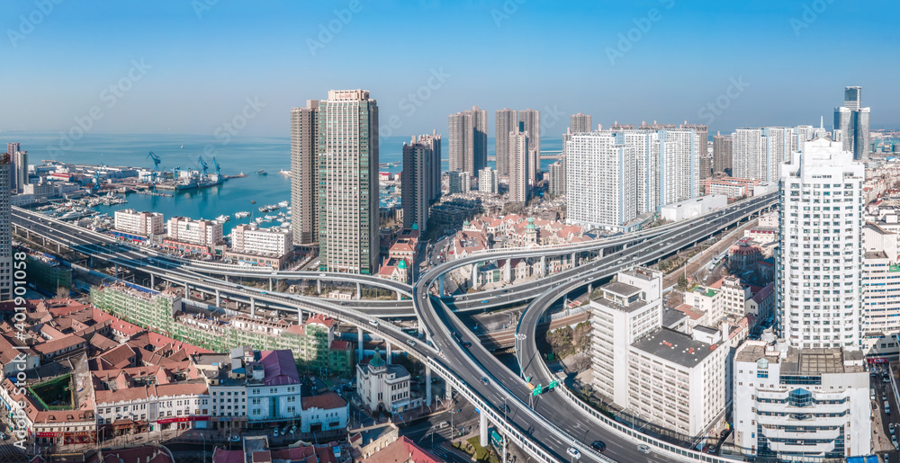 Fototapeta premium Aerial photography of the skyline of modern urban architectural landscape in Qingdao, China