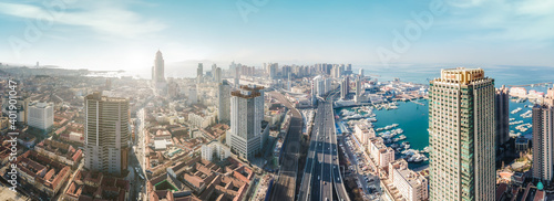 Aerial photography of the skyline of modern urban architectural landscape in Qingdao, China