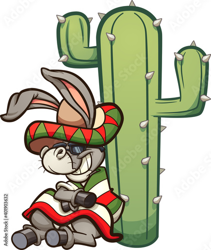 Mexican cartoon donkey resting on a cactus. Vector clip art illustration with simple gradients. Donkey and cactus on separate layers.

