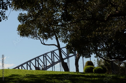 Photography Top of Sydney Harbour Bridge with people walking over the arch, view from Observ