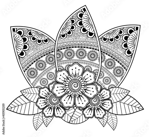 Mehndi flower for henna, mehndi, tattoo, decoration. decorative ornament in ethnic oriental style. doodle ornament. outline hand draw illustration. coloring book page.