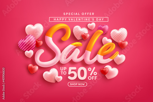 Valentine's Day Sale 50% off Poster or banner with sweet hearts on red background.Promotion and shopping template or background for Love and Valentine's day concept.vector illustration eps 10