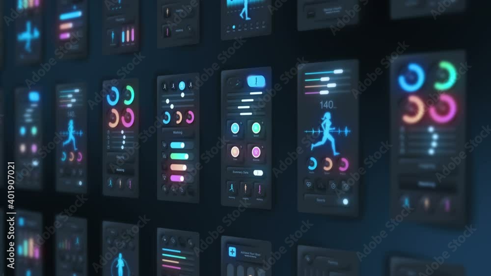 Hi tech panel of fitness application on dark background. Running and sports concept. UI, UX, GUI mobile screens modern infographic. Loop animation. Hi tech panel of fitness application on dark background. Running and sports concept. UI, UX, GUI mobile screens modern infographic. Loop animation.