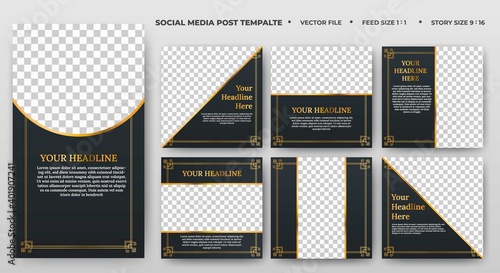 Set of Editable square banner template. Black and gold background color with luxury line badge. Suitable for social media feed, story, and banner. Flat design vector with photo collage.