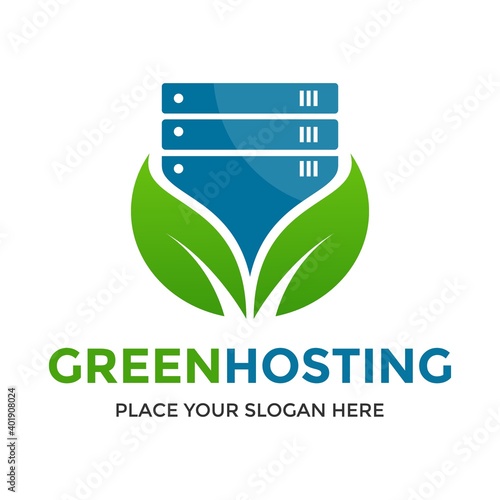 Green hosting or server vector logo template. This design use leaf symbol. Suitable for technology.