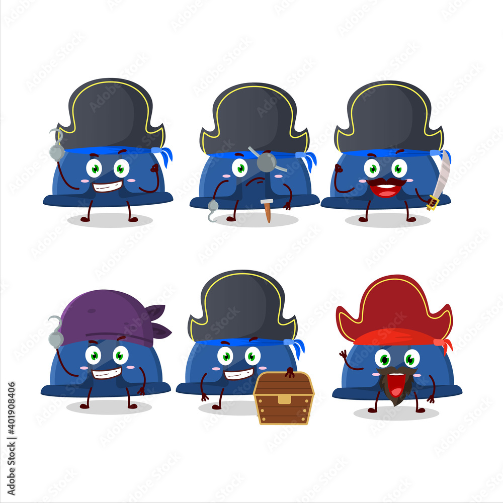 Cartoon character of blue construction helmet with various pirates emoticons Cartoon character of blue construction helmet with various pirates emoticons