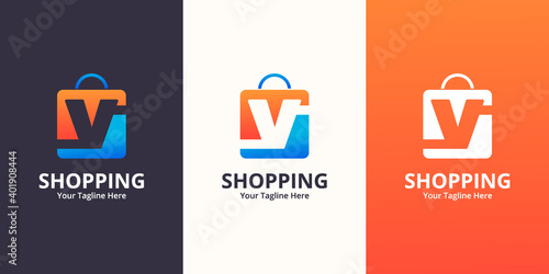 Initial  V Shop Logo designs Template. Illustration vector graphic of  letter and shop bag combination logo design concept. Perfect for Ecommerce,sale, discount or store web element. Company emblem