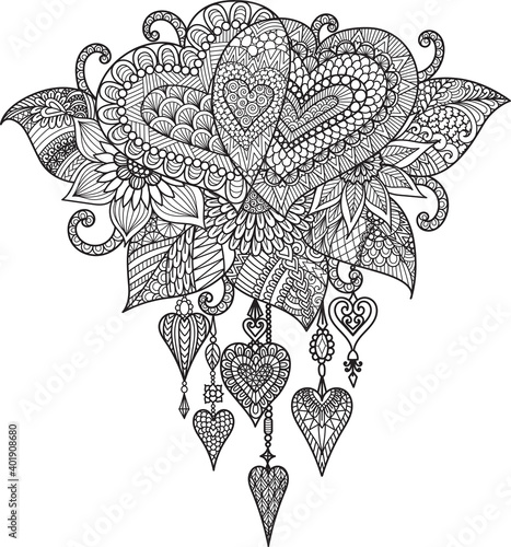 Abstract two heart dream catcher for design element, coloring book, valentine's card, wedding invitation. Vector illustration, Editable stroke weight.
