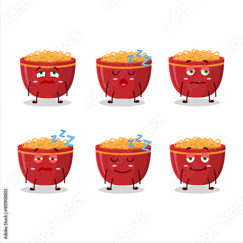 Cartoon character of bowl of noodles with sleepy expression