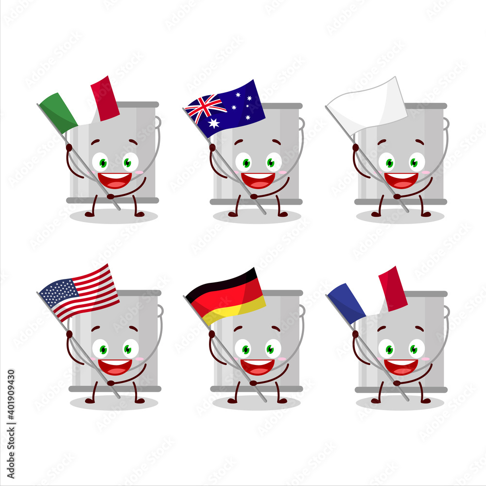 Grey paint bucket cartoon character bring the flags of various countries Grey paint bucket cartoon character bring the flags of various countries