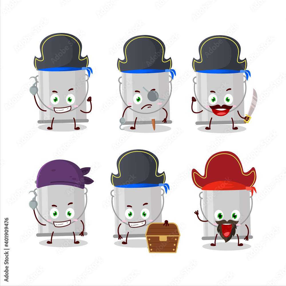 Cartoon character of grey paint bucket with various pirates emoticons