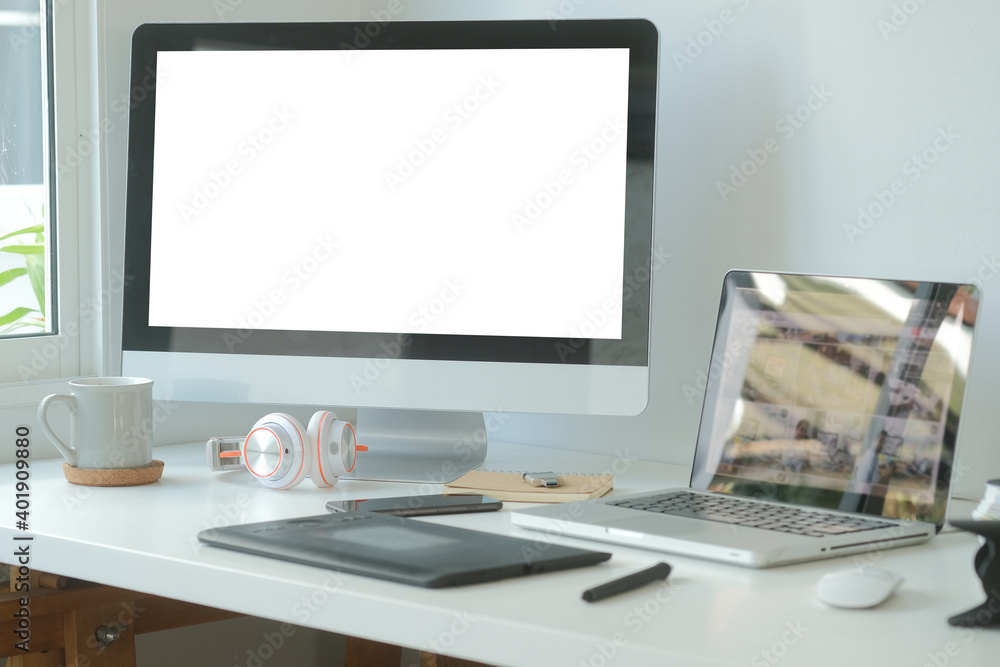 Modern workspace with computer with blank screen and equipment on white table.Blank screen for your information.
Modern workspace with computer with blank screen and equipment on white table.Blank screen for your information.