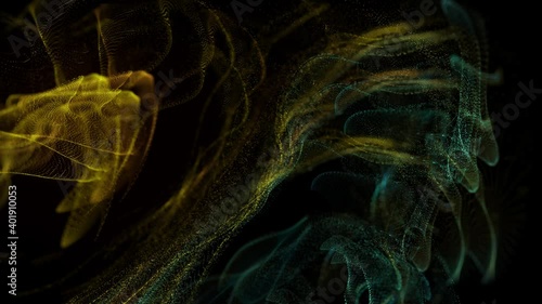 rendering of abstract colorful fluids particles Titles, shining and magic dust forming in space wave flow with light rays and projections seamless loop, 4k Liquid glowing multicolor neon dust.