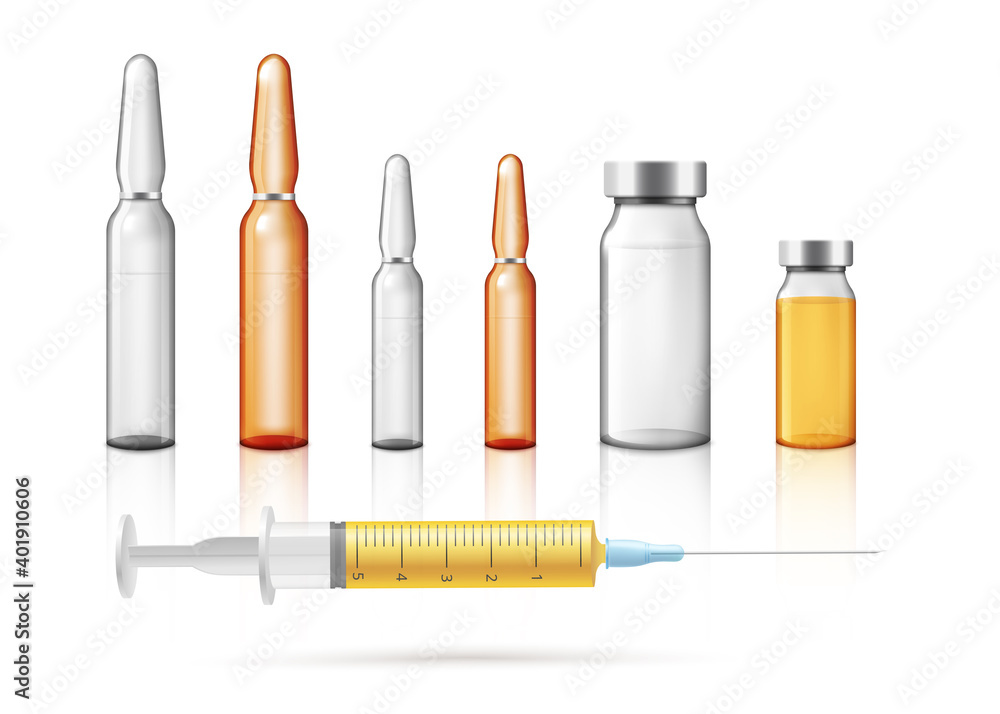 Set of vaccination and injection tools, realistic vector illustration isolated. Set of vaccination and injection tools, realistic vector illustration isolated.