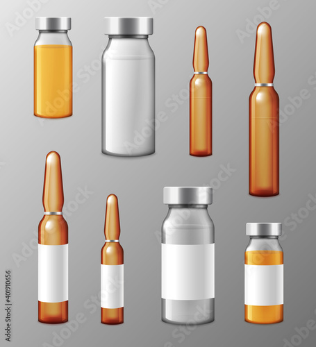 Medical injection ampoules and bottles realistic vector illustration isolated.