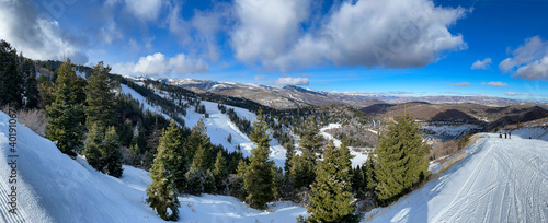 Panoramic view of Wasatch mountains. Winter landscape. Deer Valley resort. photo