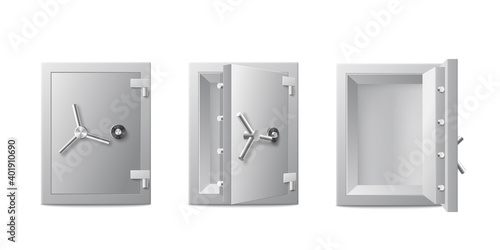 Safe boxes with closed and open door, realistic vector illustration isolated.