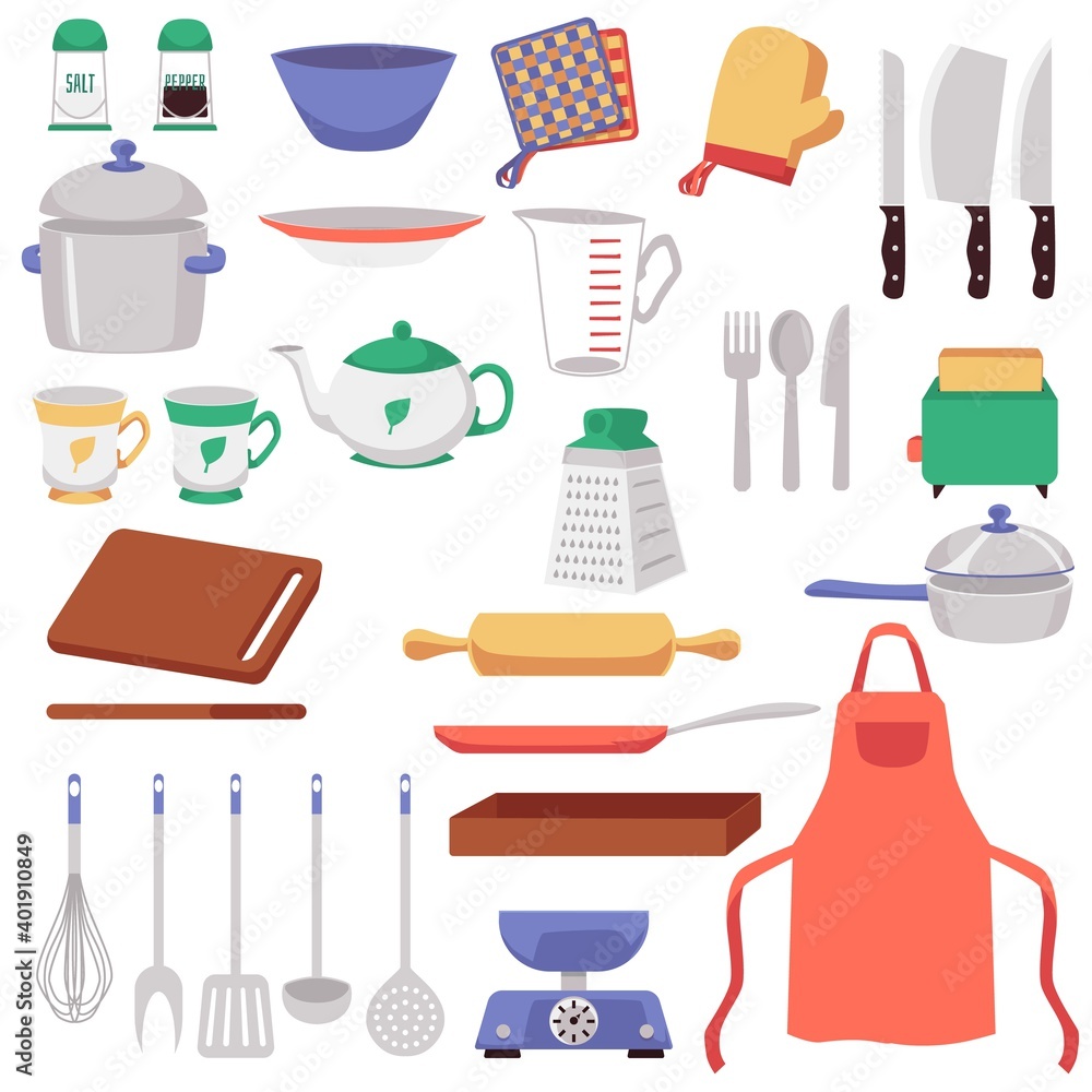 Big set of kitchen utensils and supplies cartoon vector illustration ...