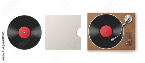 Template of vinyl disk and turntable realistic vector illustration isolated. photo