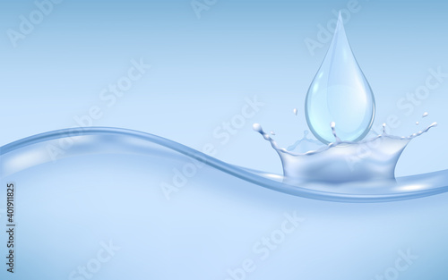 Vector blue background with realistic splashing water, wave, drop and ripple.