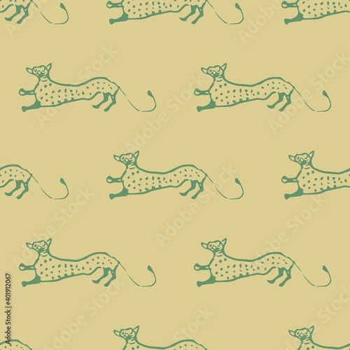 Seamless geometrical monochrome animal pattern with silhouettes of stylizes funny cats. Folk style.