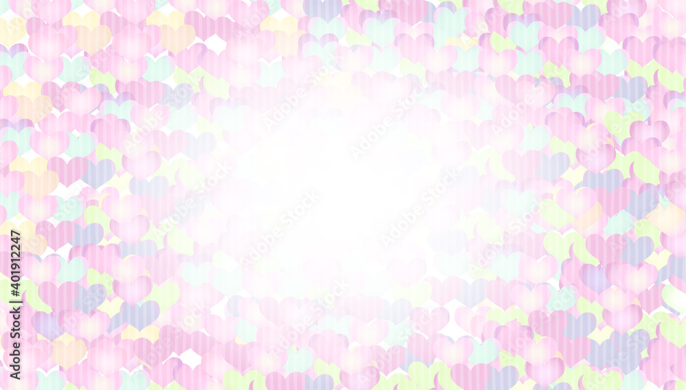 カラフルなハートで埋め尽くされた背景イラスト(淡)
