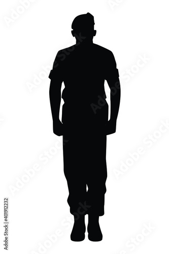 Standing soldier silhouette vector, military man concept.