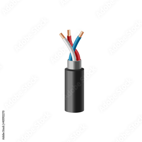 Electrical power cable with 3 wire cords realistic vector illustration isolated.