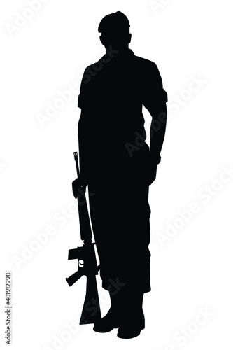 Standing soldier with rifle gun silhouette vector, military man concept.