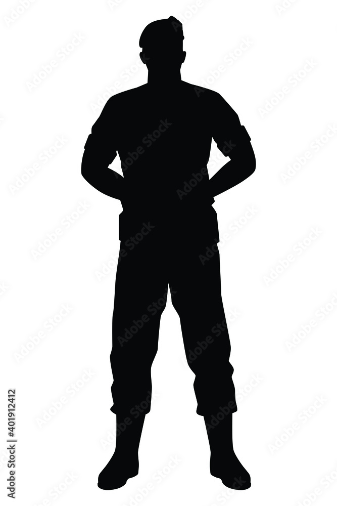 Standing soldier silhouette vector, military man concept.