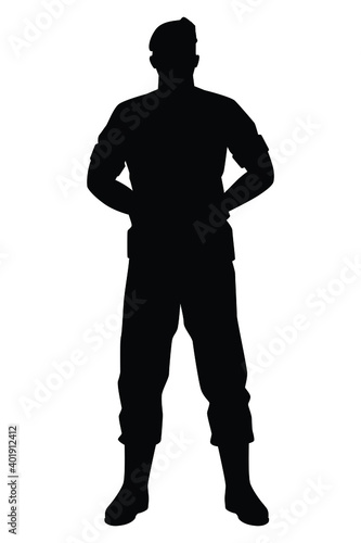 Standing soldier silhouette vector, military man concept.