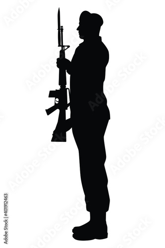 Saluting soldier with rifle gun silhouette vector, military man concept.