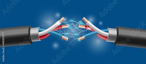 Electric cable with electrical sparks a realistic vector 3d illustration