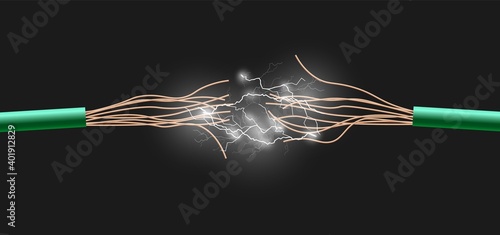 Effect of electrical cable burst with sparking realistic vector illustration.