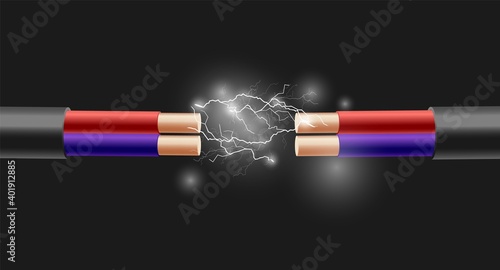 Electric cable with power discharge sparks of short circuit a vector illustration