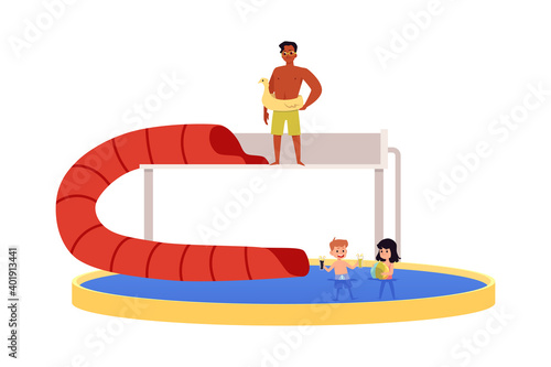 Family playing in amusement water park, flat vector illustration isolated.