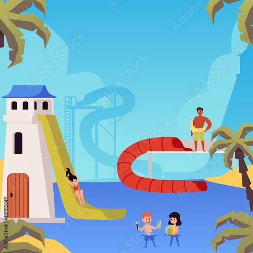 Aqua amusement park banner or poster background flat vector illustration.