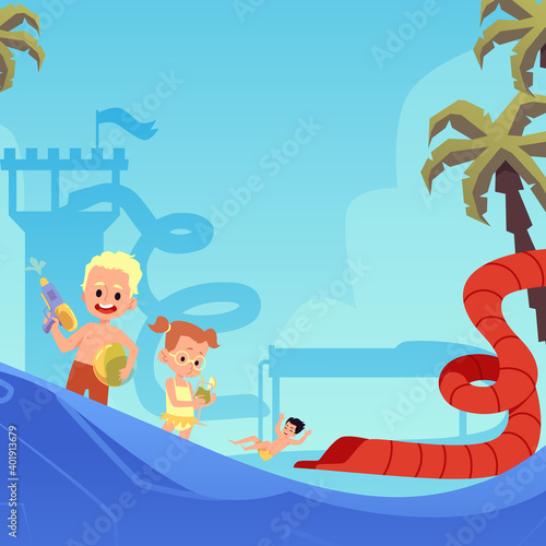 Summer aqua park with water tubes slides, attractions, pool a vector illustration